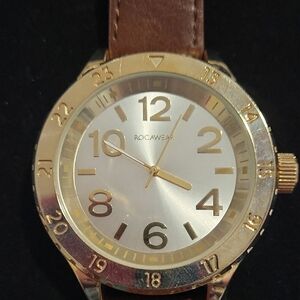 Rocawear Gold Tone Watch with Silver Dial and Brown Strap